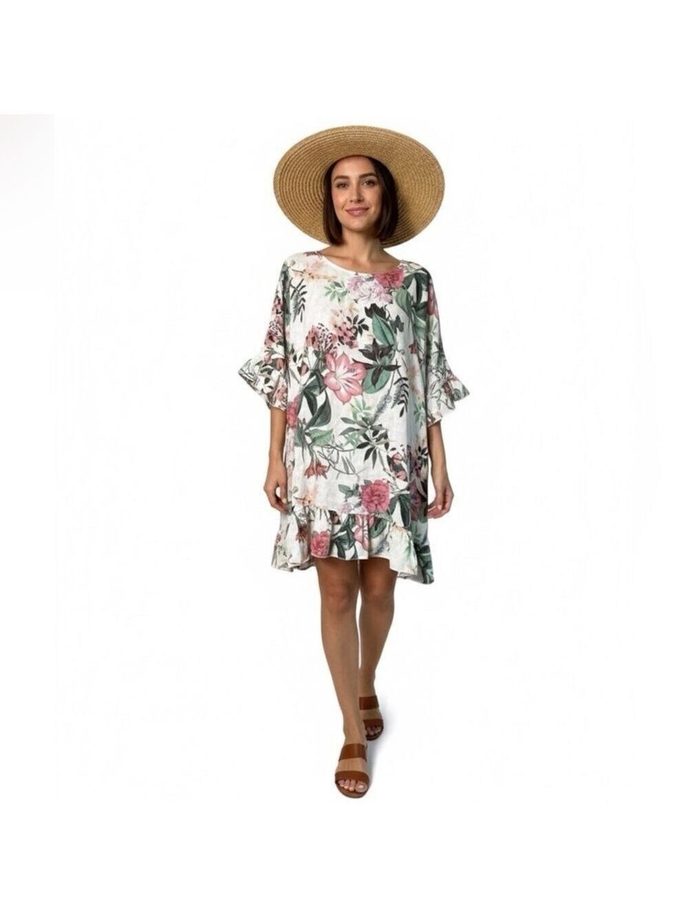 PIAZZA DEL TEMPIO 100% Linen Floral Ruffled Tunic / Mini Dress MADE IN ITALY M